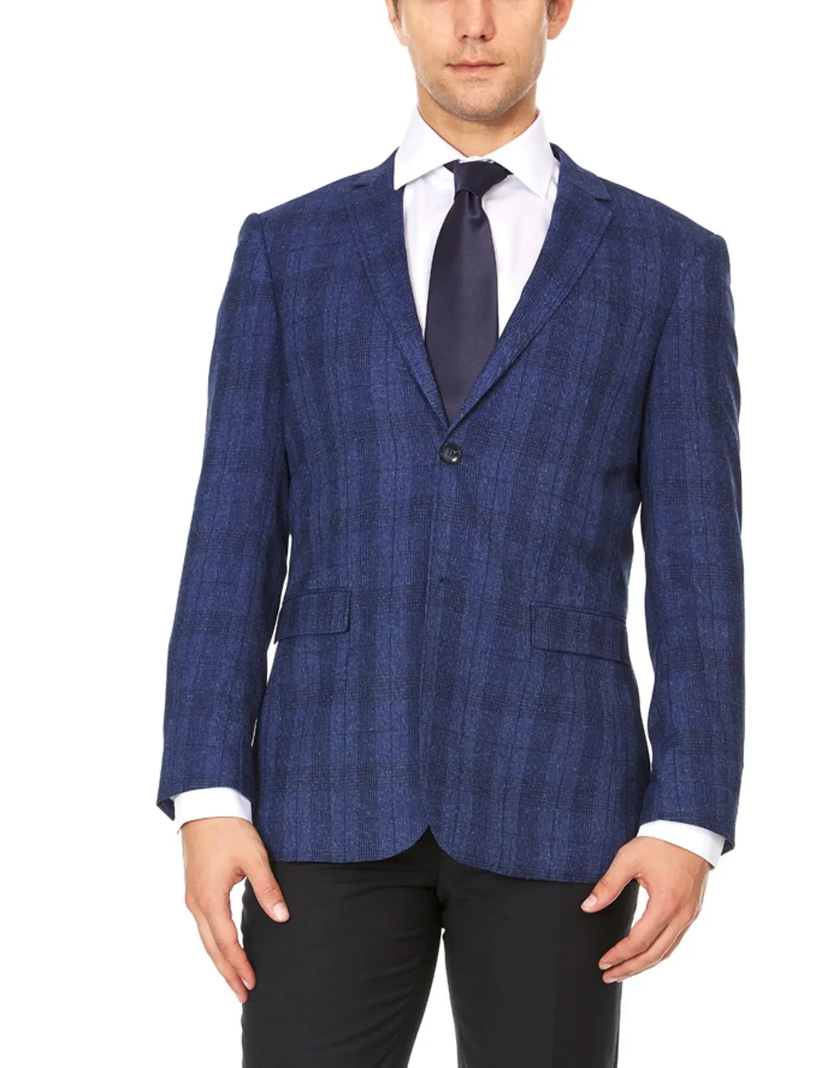 Adam Baker Mens Ultra Slim fit Notch Lapel Plaid Sport Coat/Blazer- Royal Blue Plaid