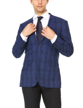 Adam Baker Mens Ultra Slim fit Notch Lapel Plaid Sport Coat/Blazer- Royal Blue Plaid