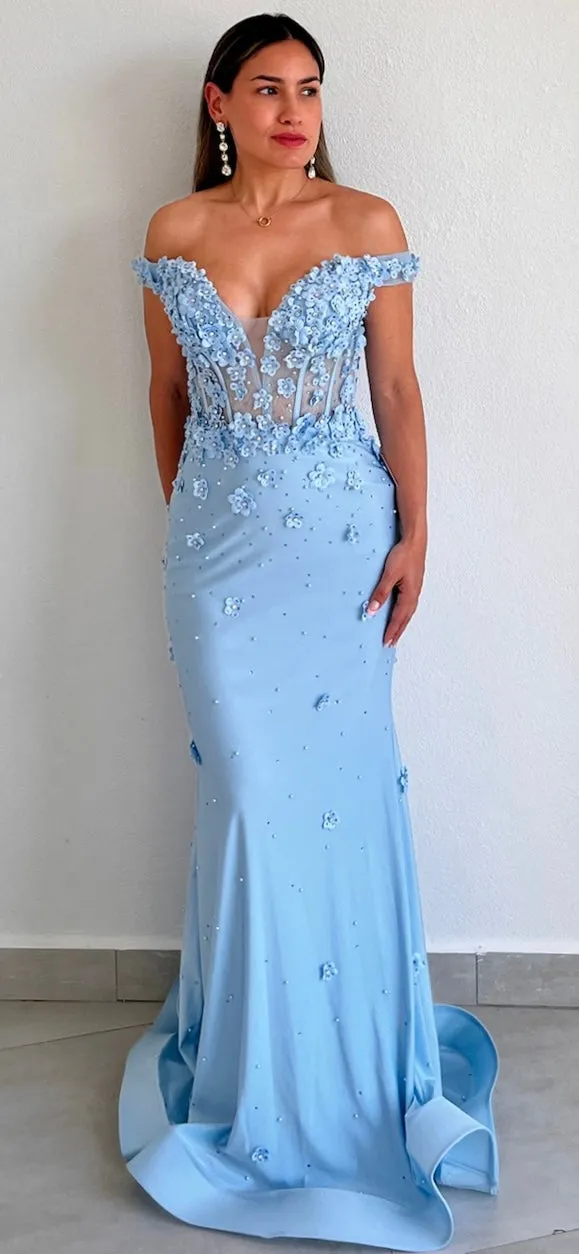 Adoring Desire Blue Floral Mermaid Gown