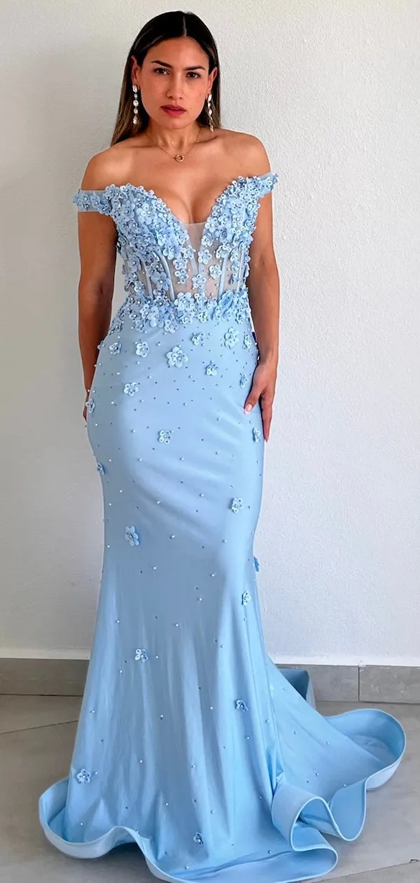 Adoring Desire Blue Floral Mermaid Gown