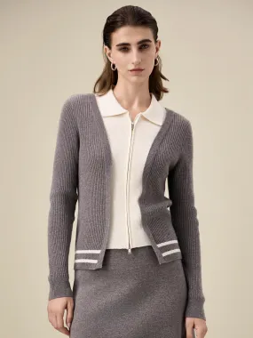 Amoretu 100% Wool Lapel Contrast Color Double-Zip Knit Cardigan