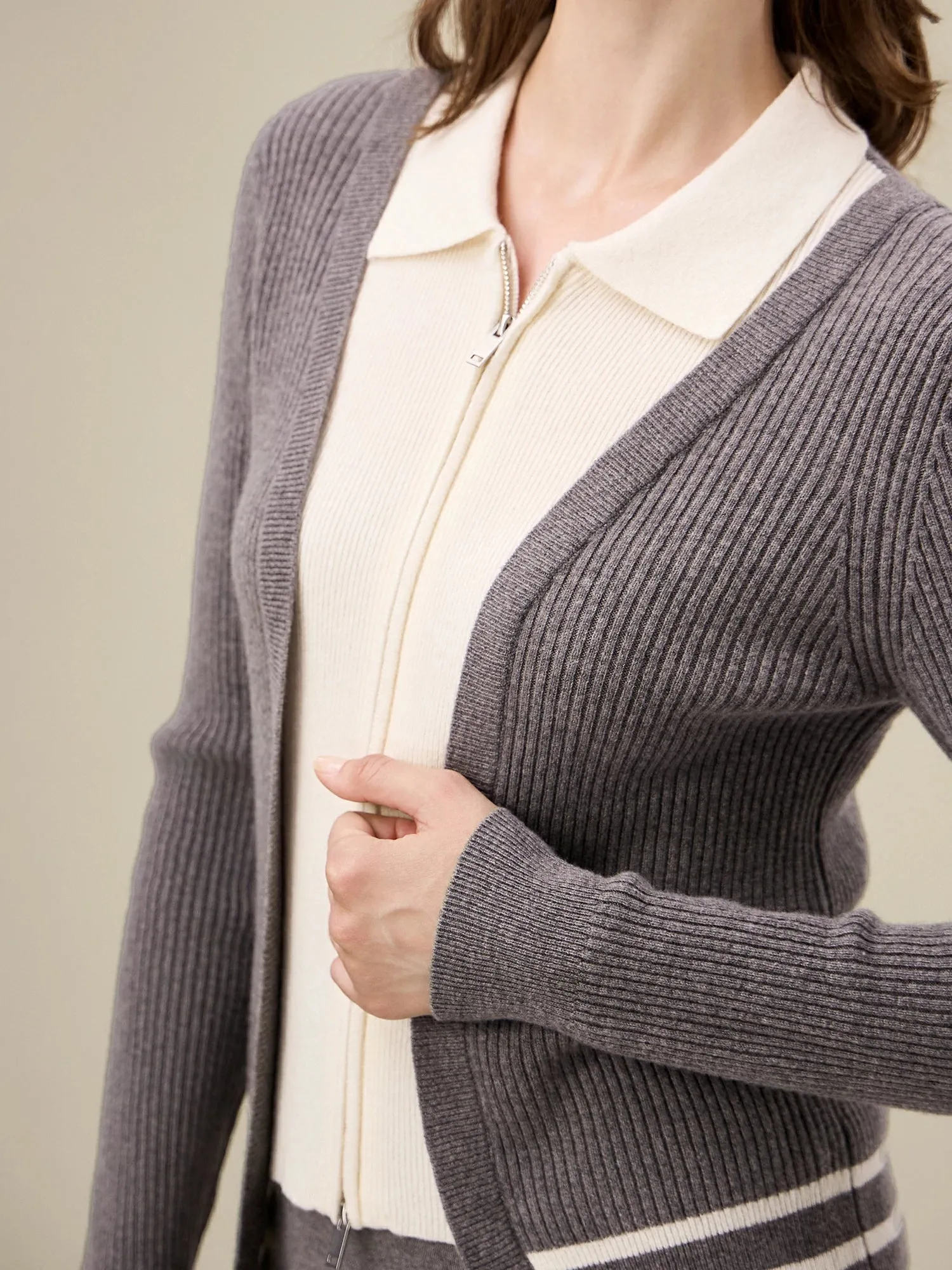 Amoretu 100% Wool Lapel Contrast Color Double-Zip Knit Cardigan