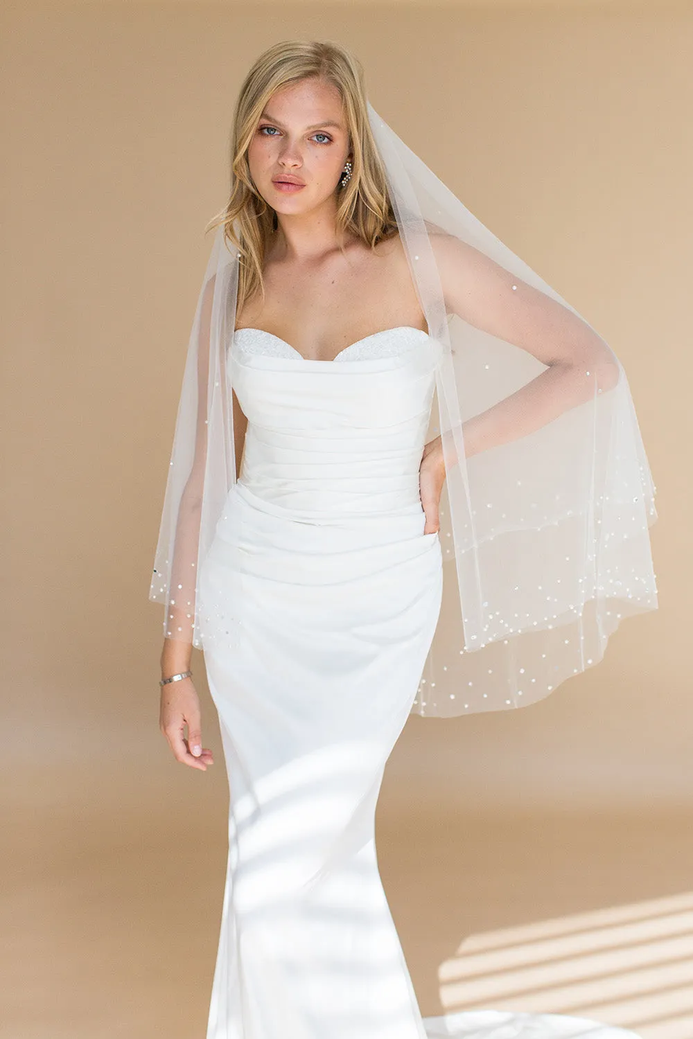 AXELLE FINGERTIP VEIL WITH BLUSHER EDGED WITH CRYSTALS AND PEARLS