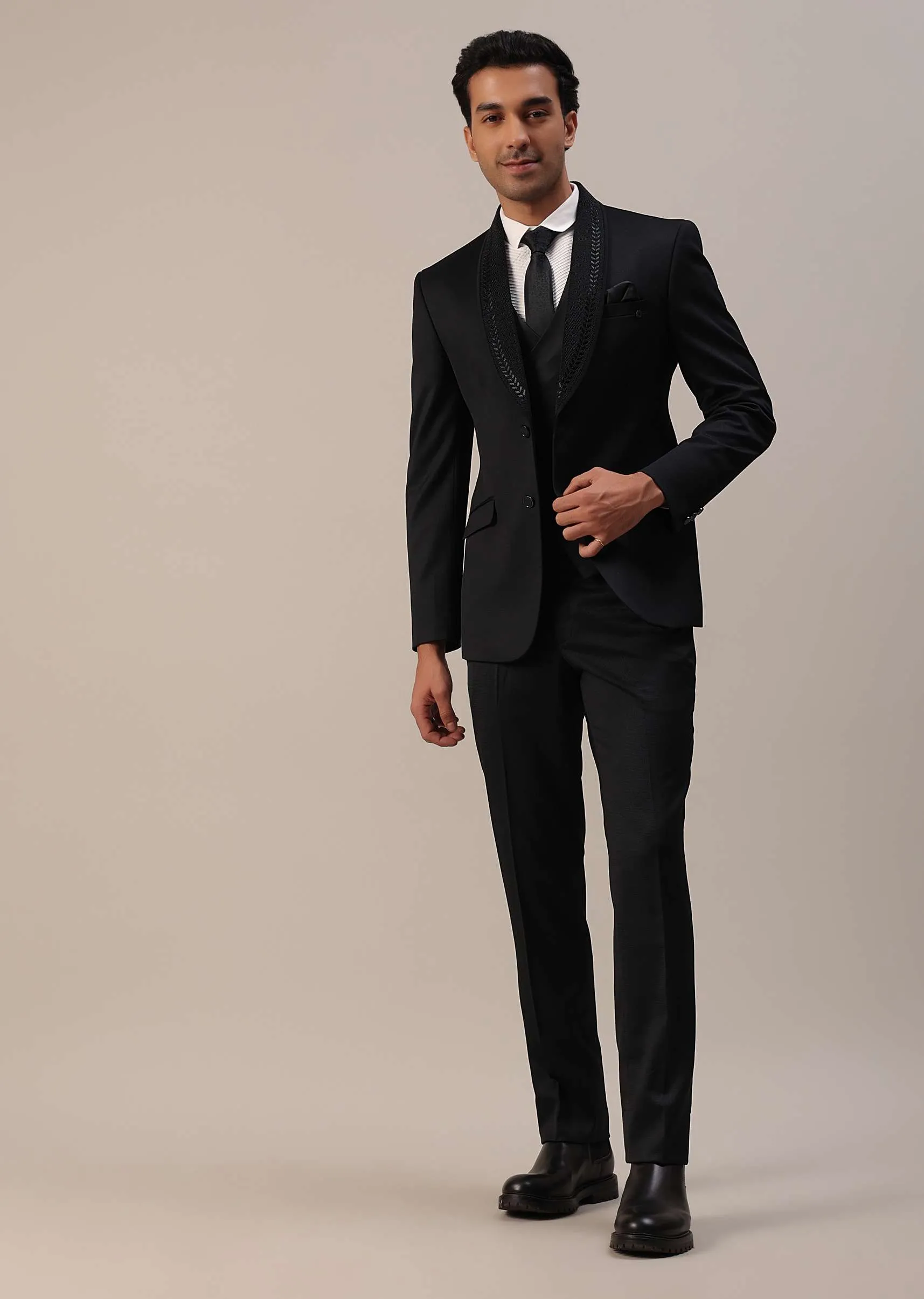 Black Terry Rayon Tuxedo Set With Cut Work Embroidery