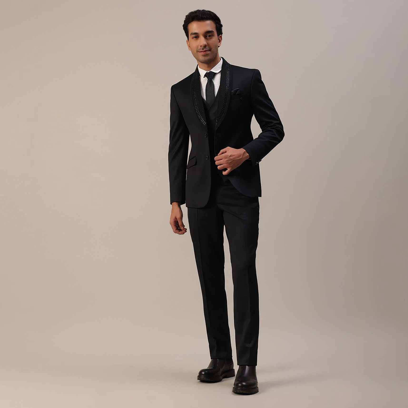 Black Terry Rayon Tuxedo Set With Cut Work Embroidery