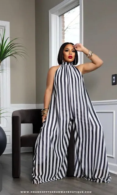 BLACK WHITE STRIPE FLOWING JUMPSUIT