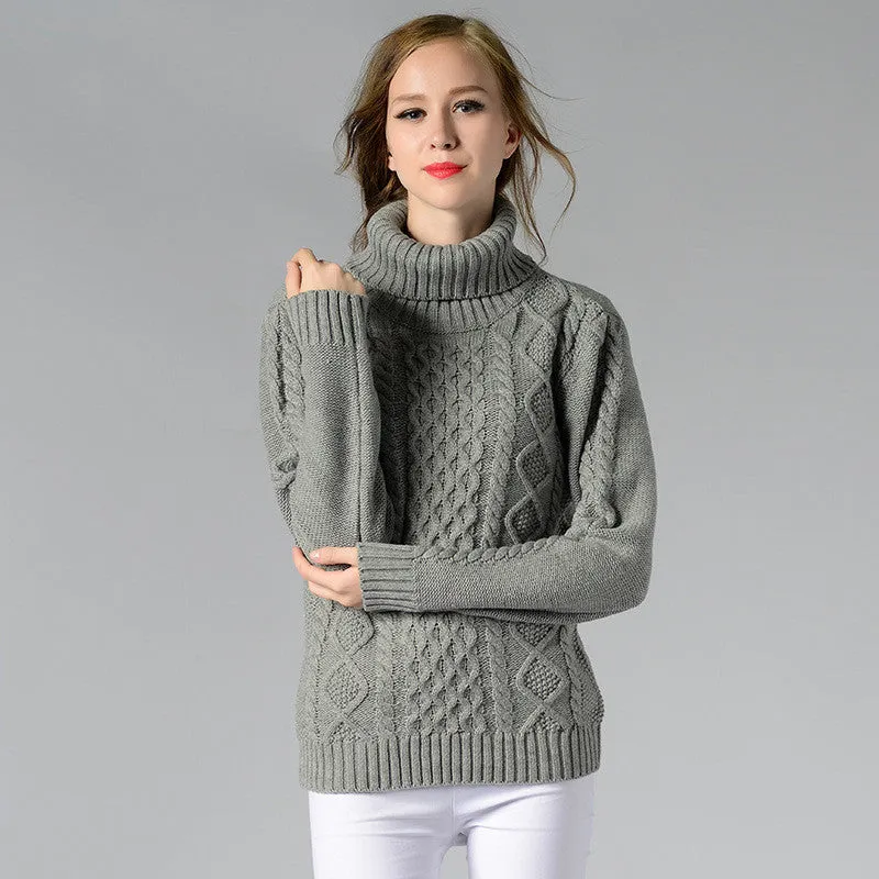 Casual High-Neck Braid Knitting Slim Sweater