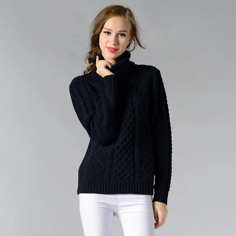 Casual High-Neck Braid Knitting Slim Sweater
