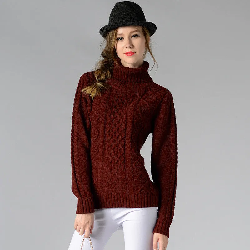 Casual High-Neck Braid Knitting Slim Sweater