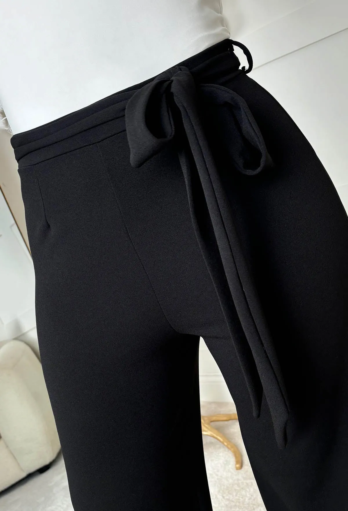 Chic Couture Black Belted Wide Leg Trousers