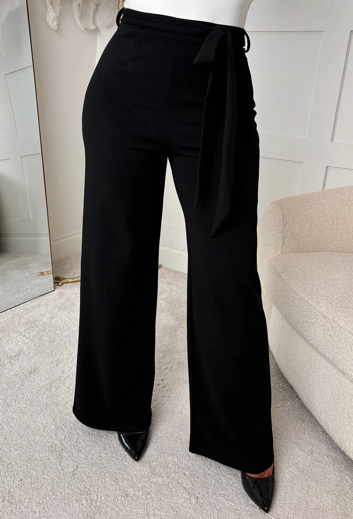 Chic Couture Black Belted Wide Leg Trousers