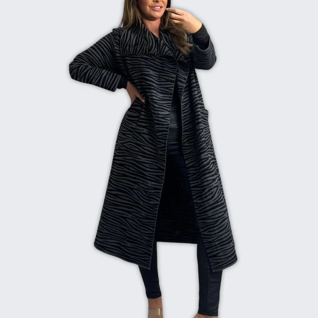 Chic Zebra Print Coat & Trousers Set for Stylish Casual Wear