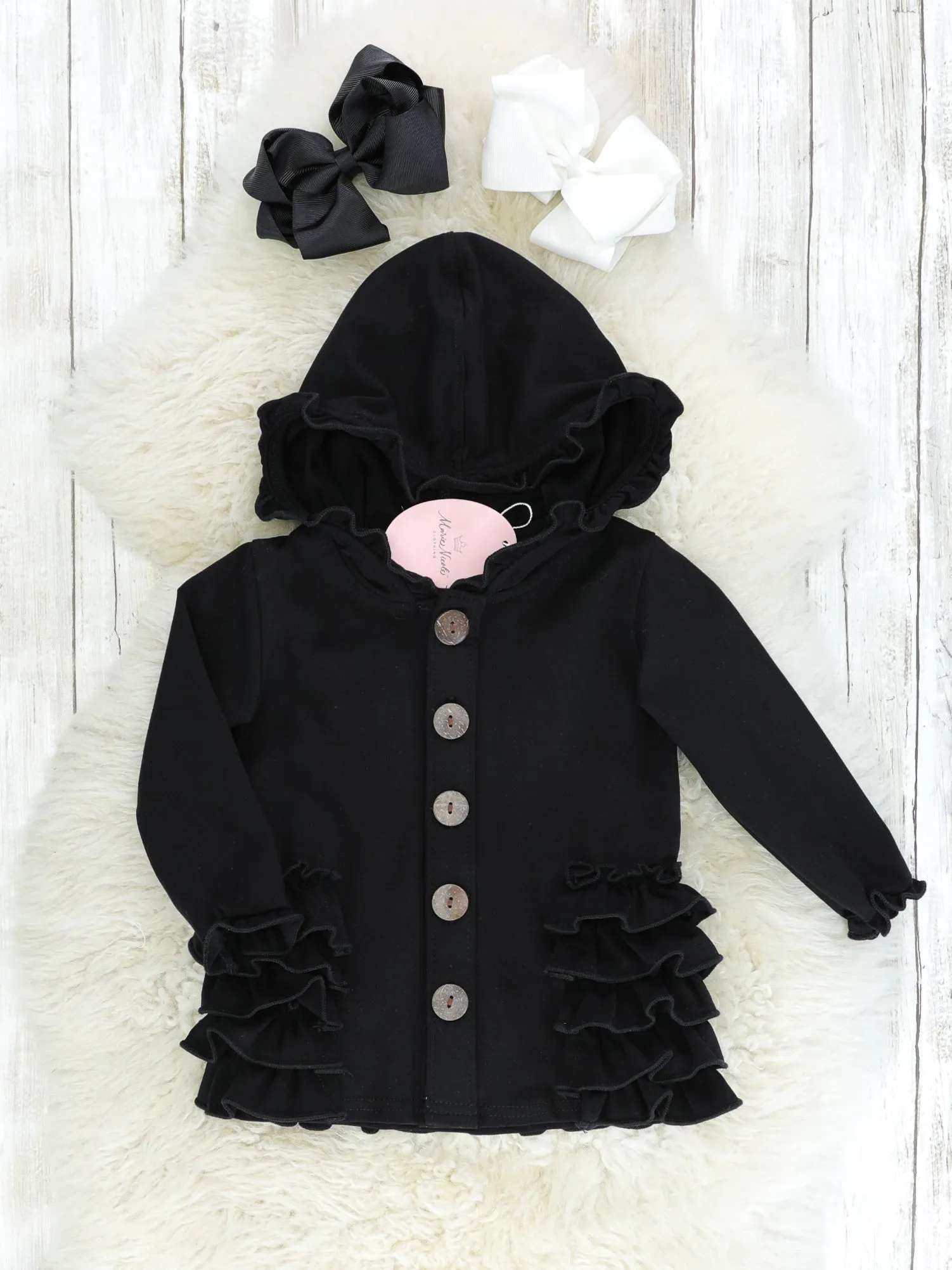 Cotton Ruffle Hooded Cardigan- Black & Red