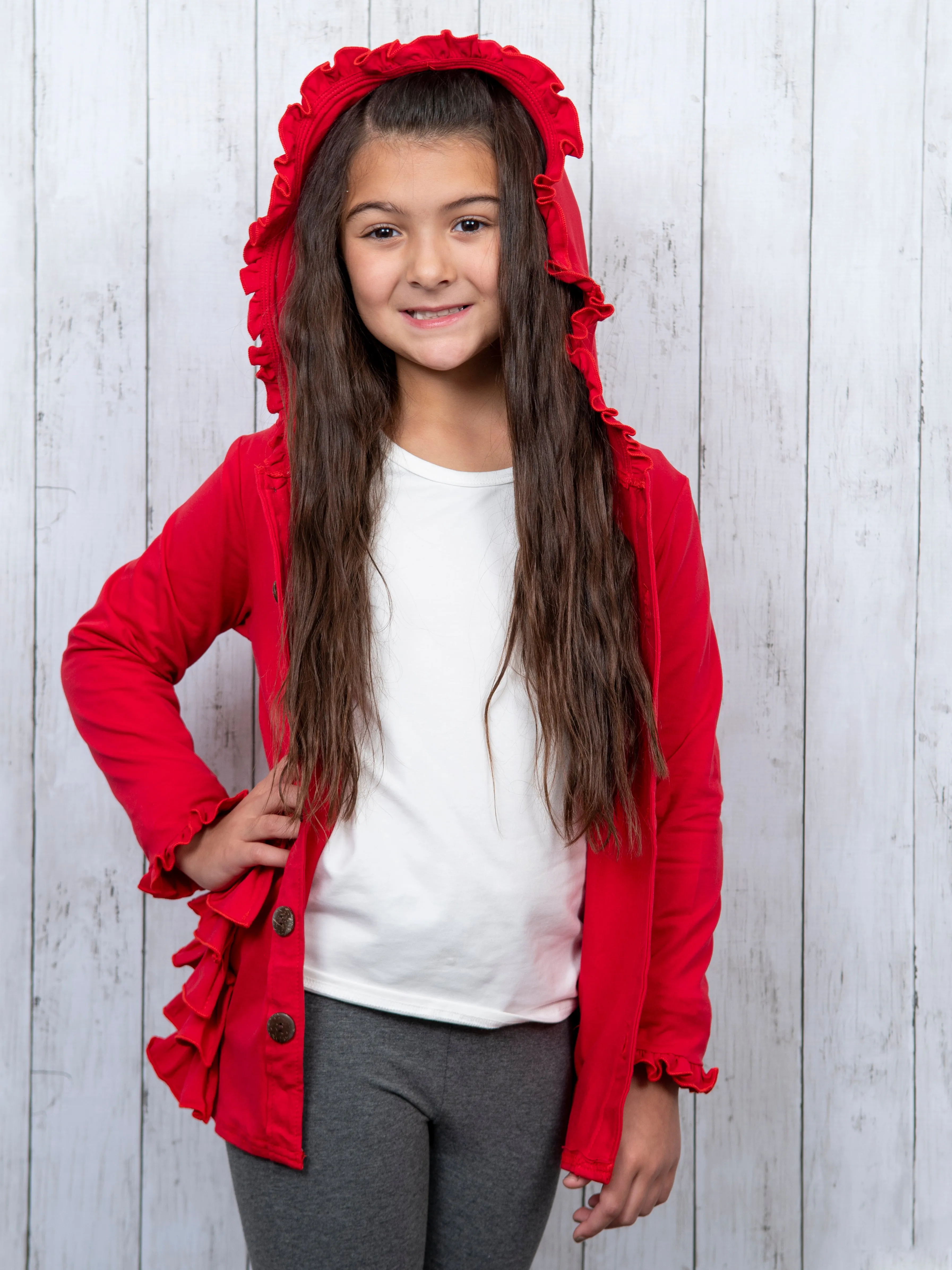 Cotton Ruffle Hooded Cardigan- Black & Red