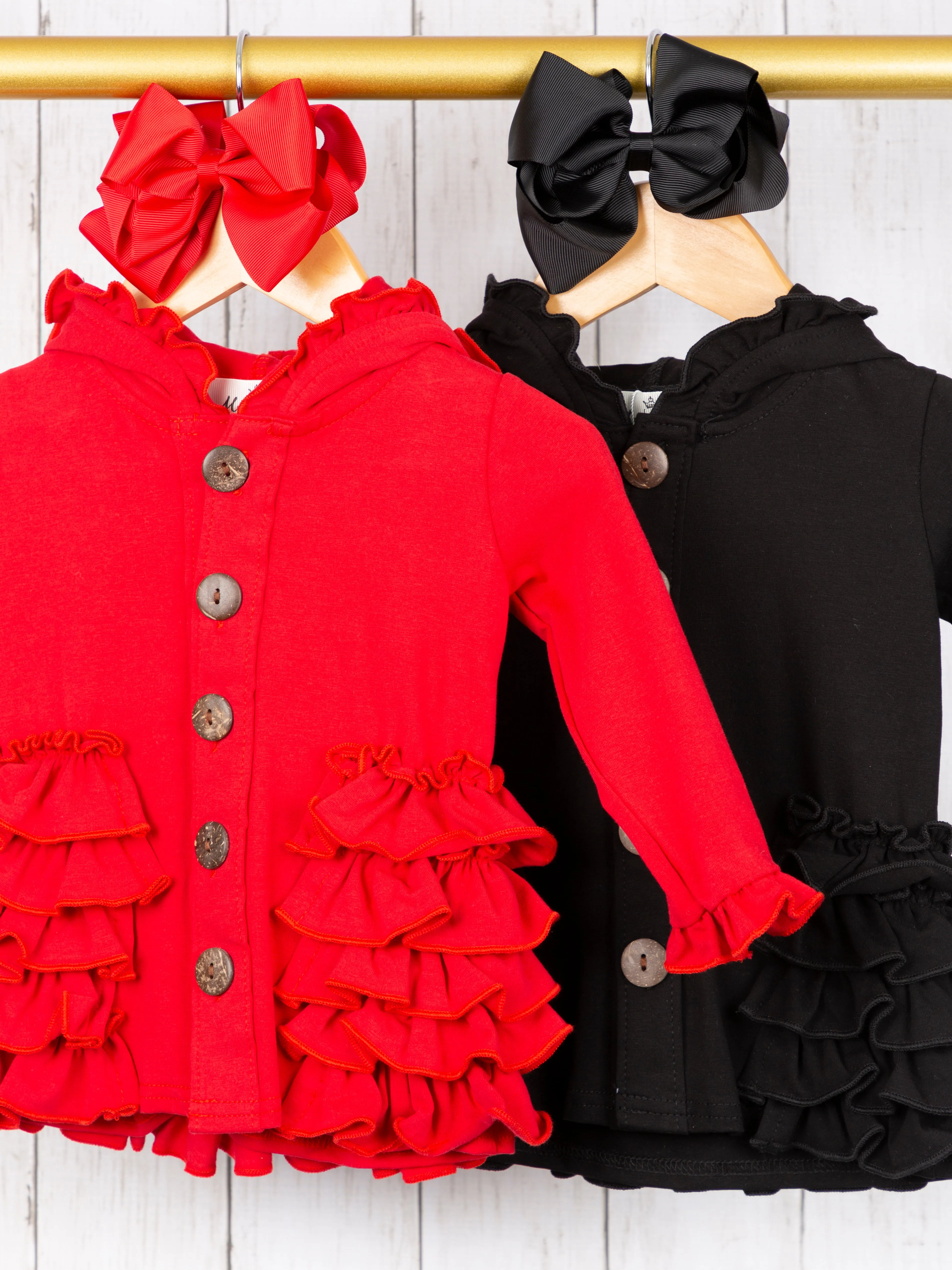 Cotton Ruffle Hooded Cardigan- Black & Red
