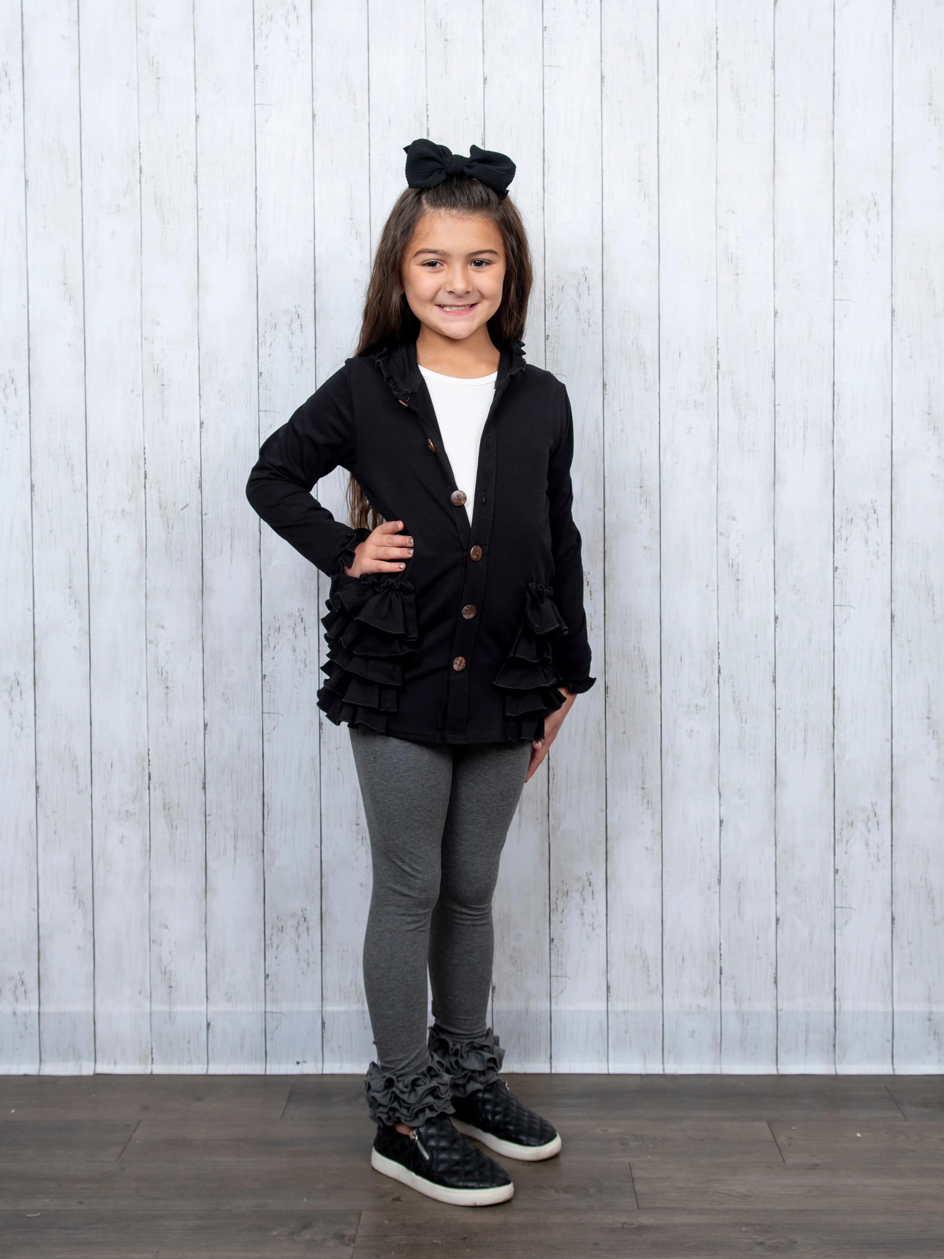 Cotton Ruffle Hooded Cardigan- Black & Red
