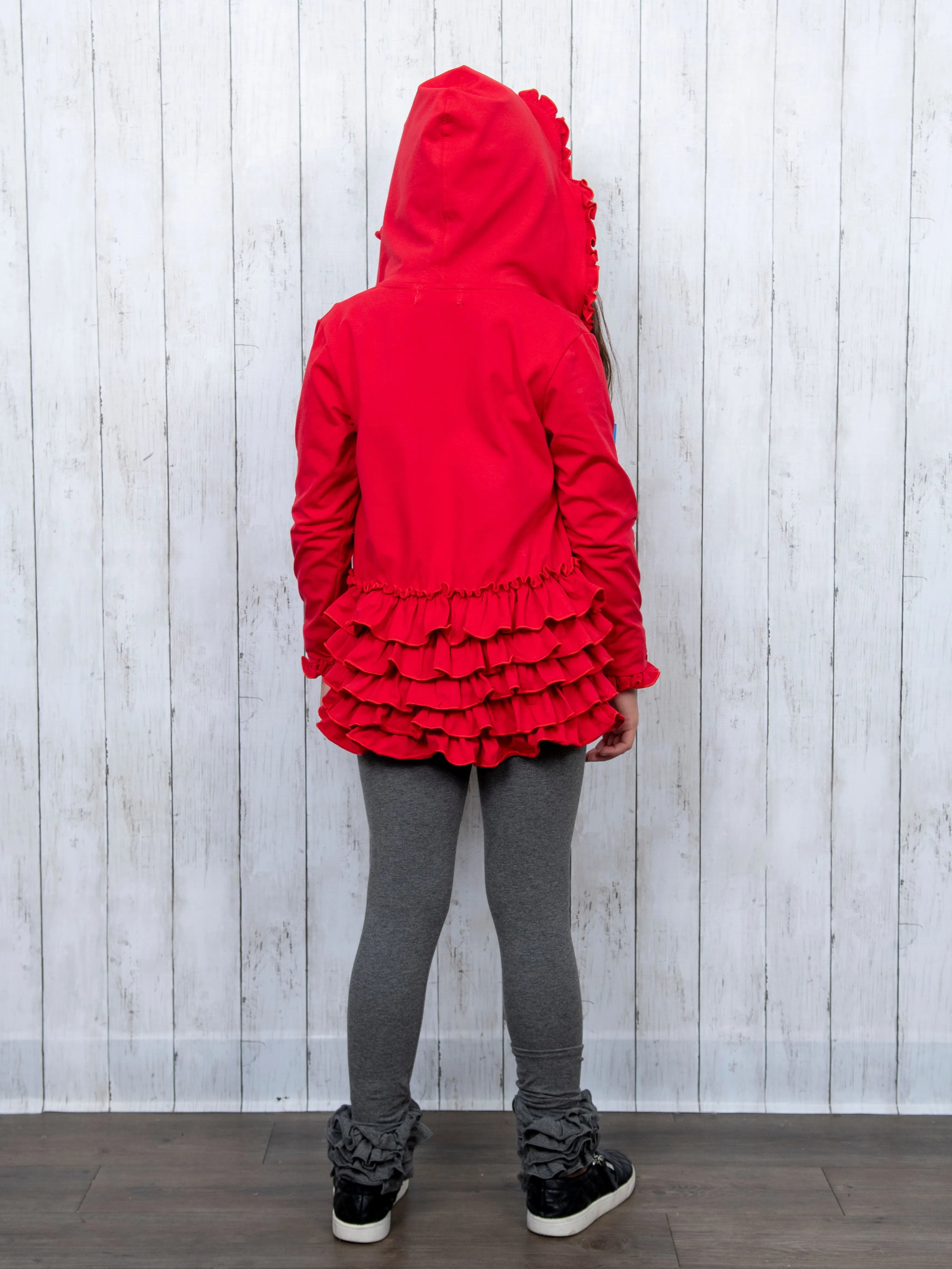Cotton Ruffle Hooded Cardigan- Black & Red