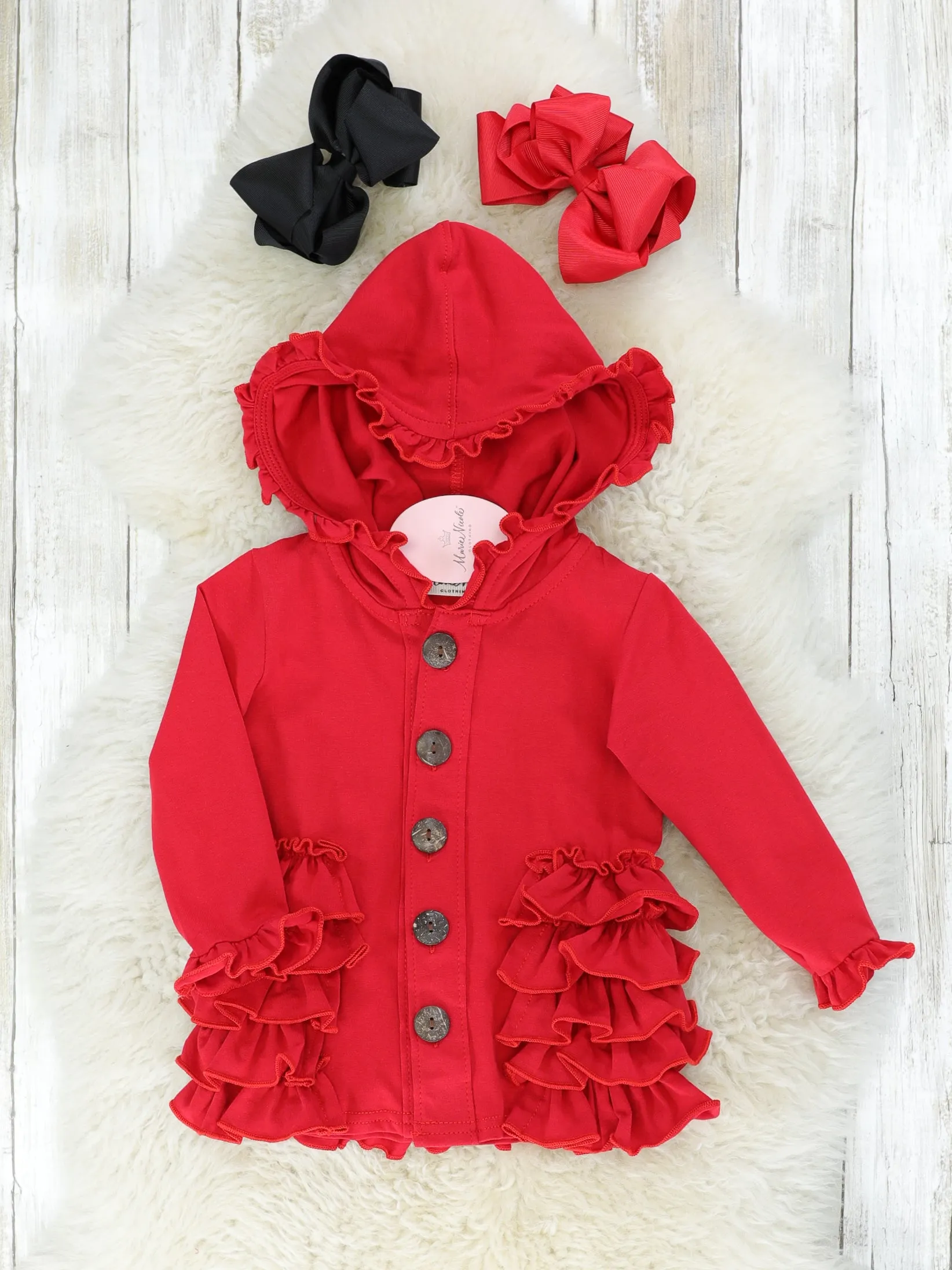 Cotton Ruffle Hooded Cardigan- Black & Red