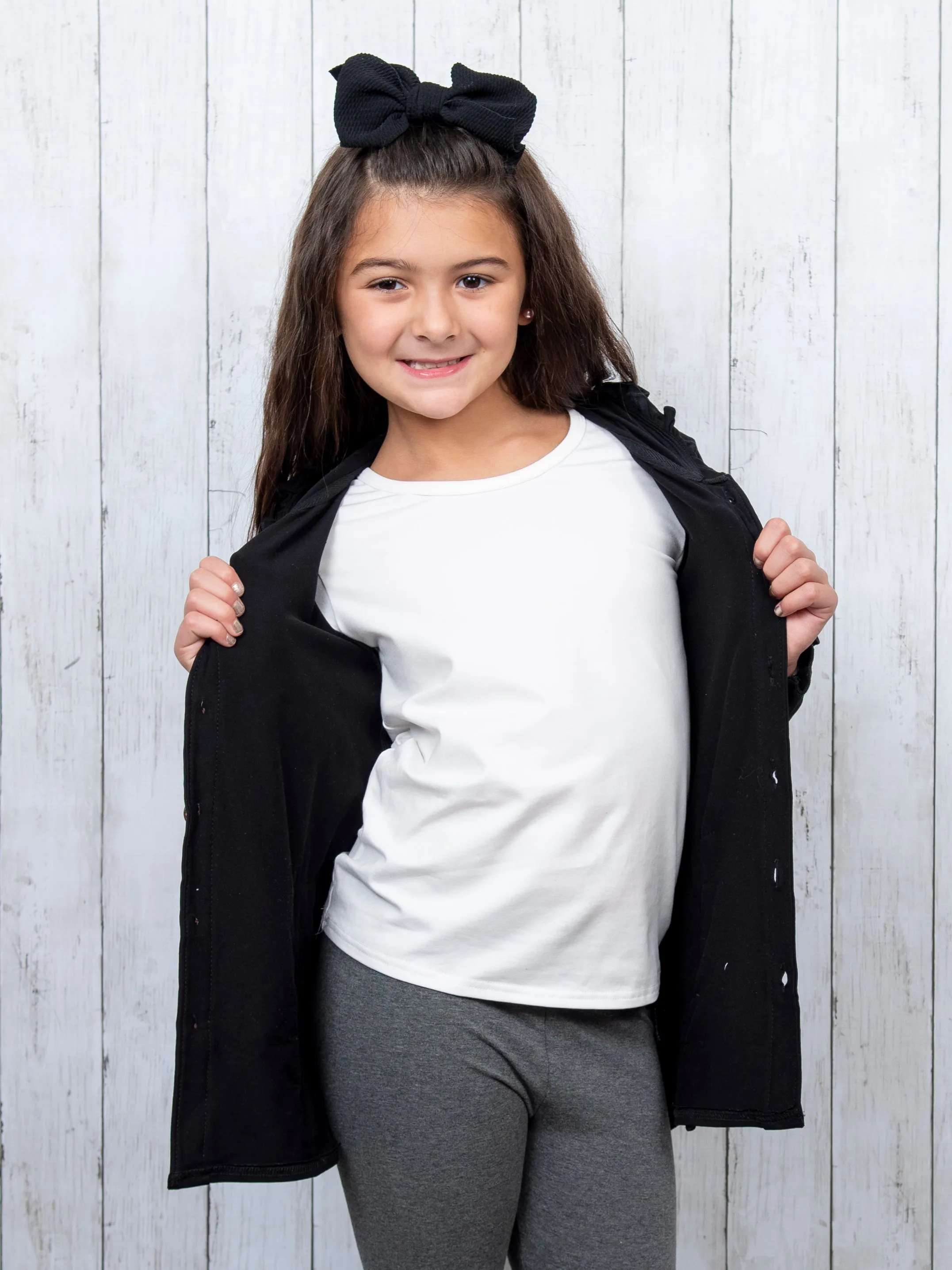 Cotton Ruffle Hooded Cardigan- Black & Red
