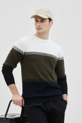 Cream Colourblocked Relaxed Fit Sweater