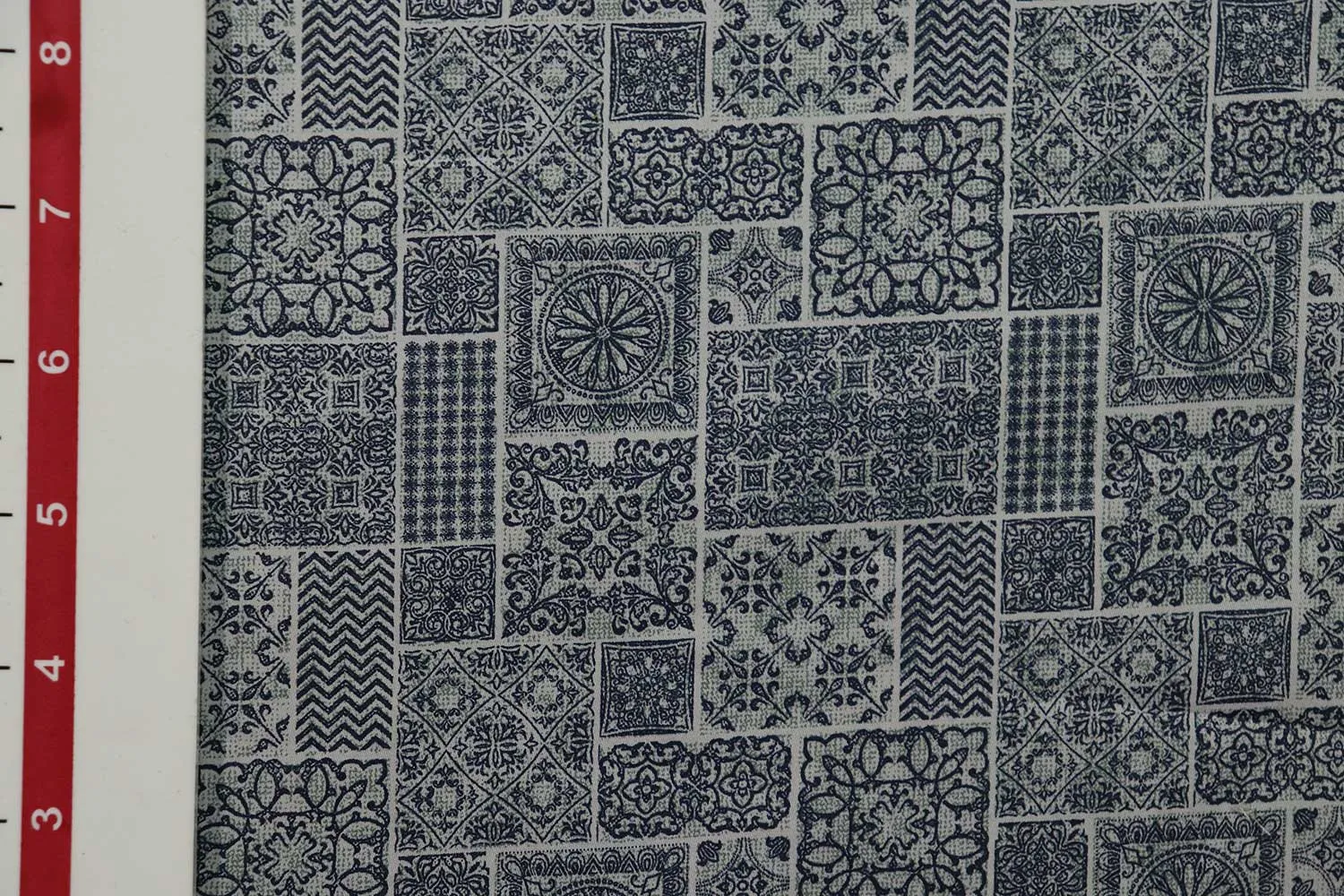 Dark Blue and Gray Traditional Printed Cotton Satin Fabric