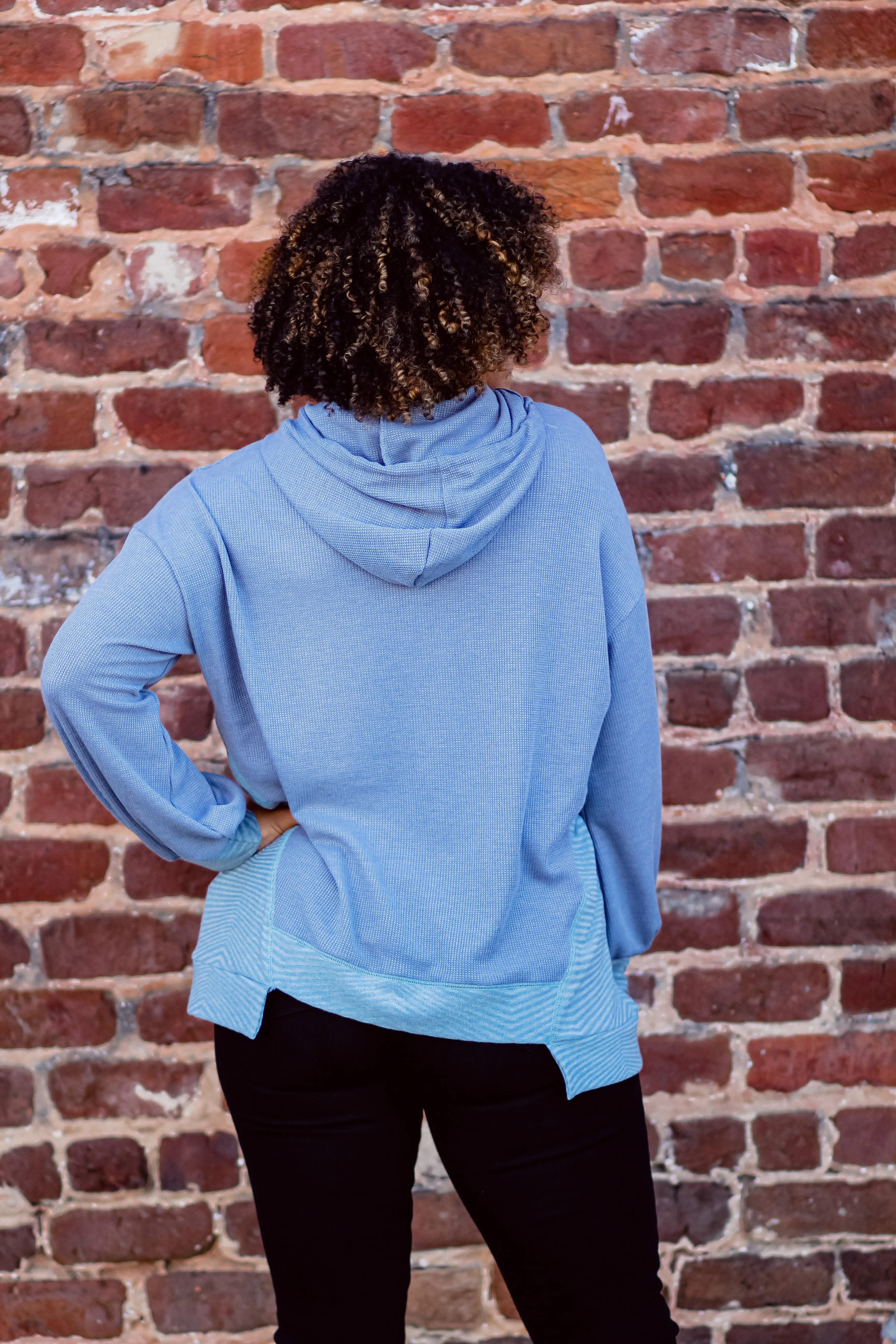 Dusty Blue Two Tone Asymmetrical Hooded Pullover
