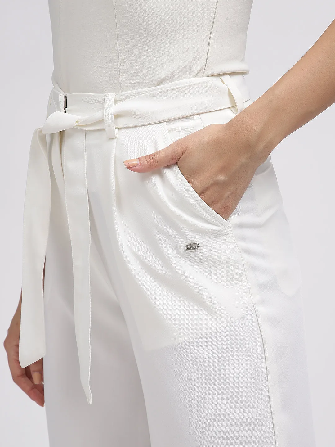 Elle Women Off White Solid Flared Trouser