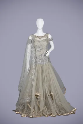 Enchanting Gray Net Gown with Delicate Pearl Work