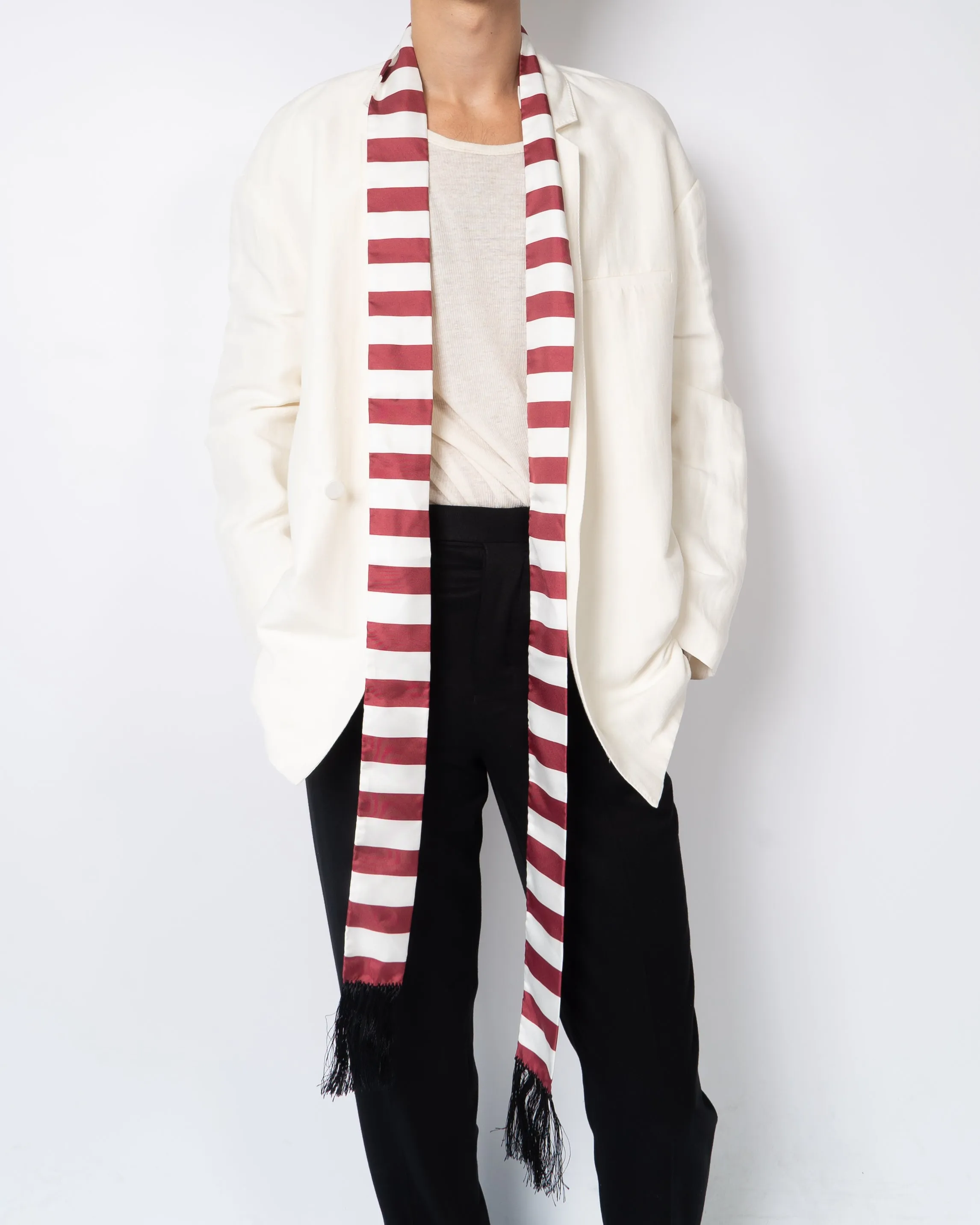 FW19 Red Striped Fringed Silk Scarf