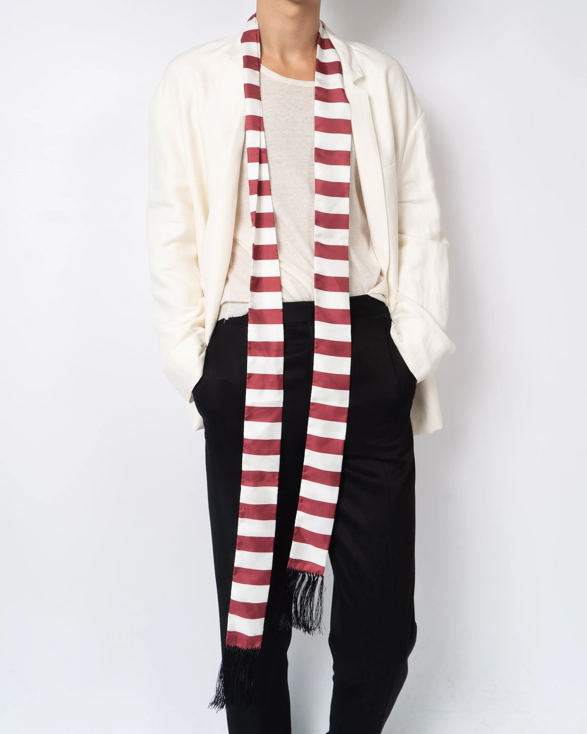 FW19 Red Striped Fringed Silk Scarf