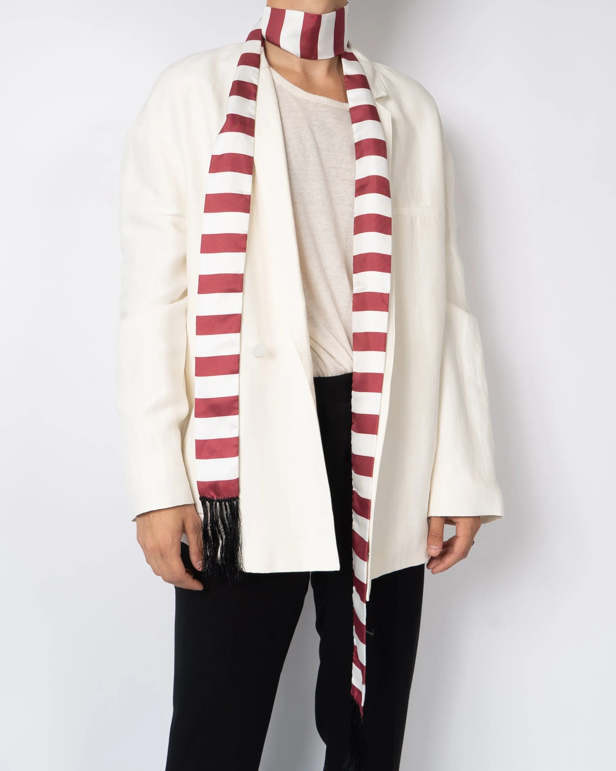 FW19 Red Striped Fringed Silk Scarf