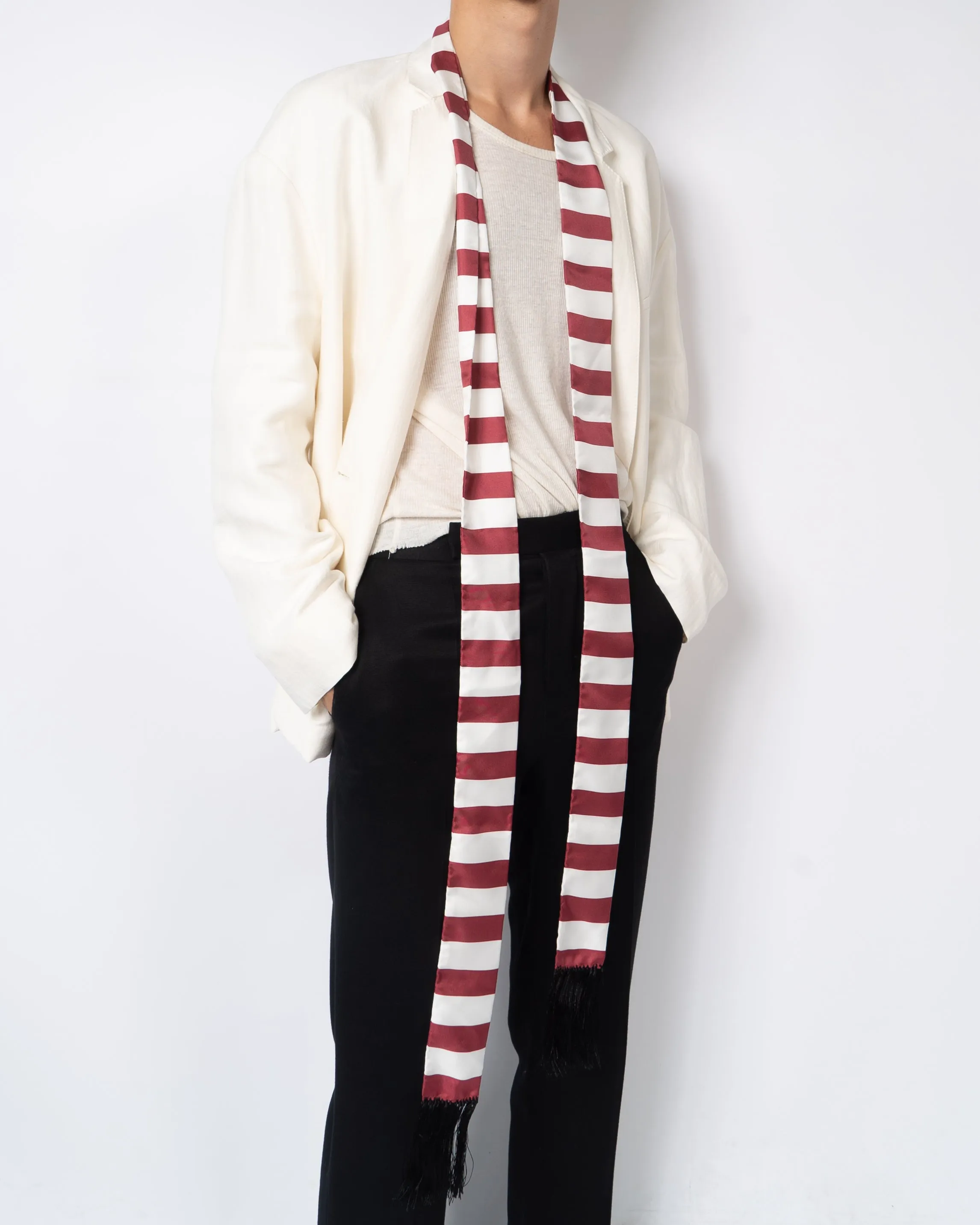 FW19 Red Striped Fringed Silk Scarf
