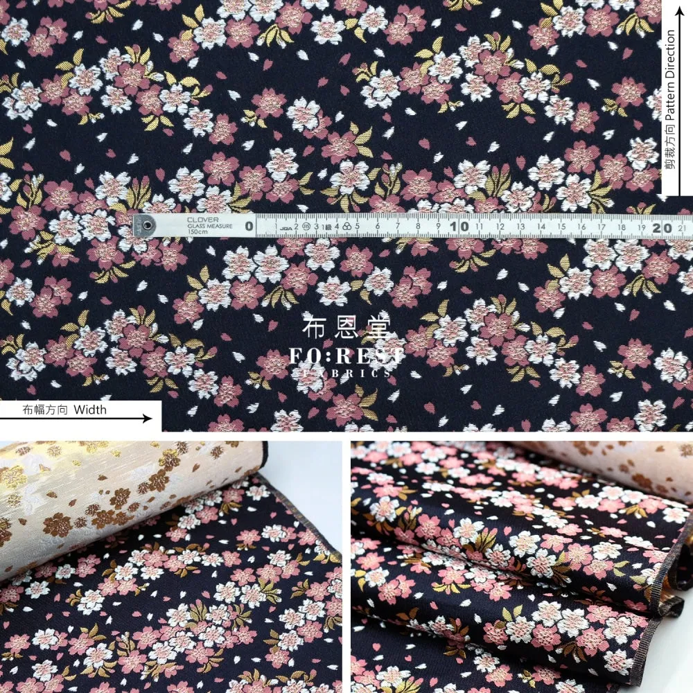 Gold Brocade - Flowing Sakura fabric Navy