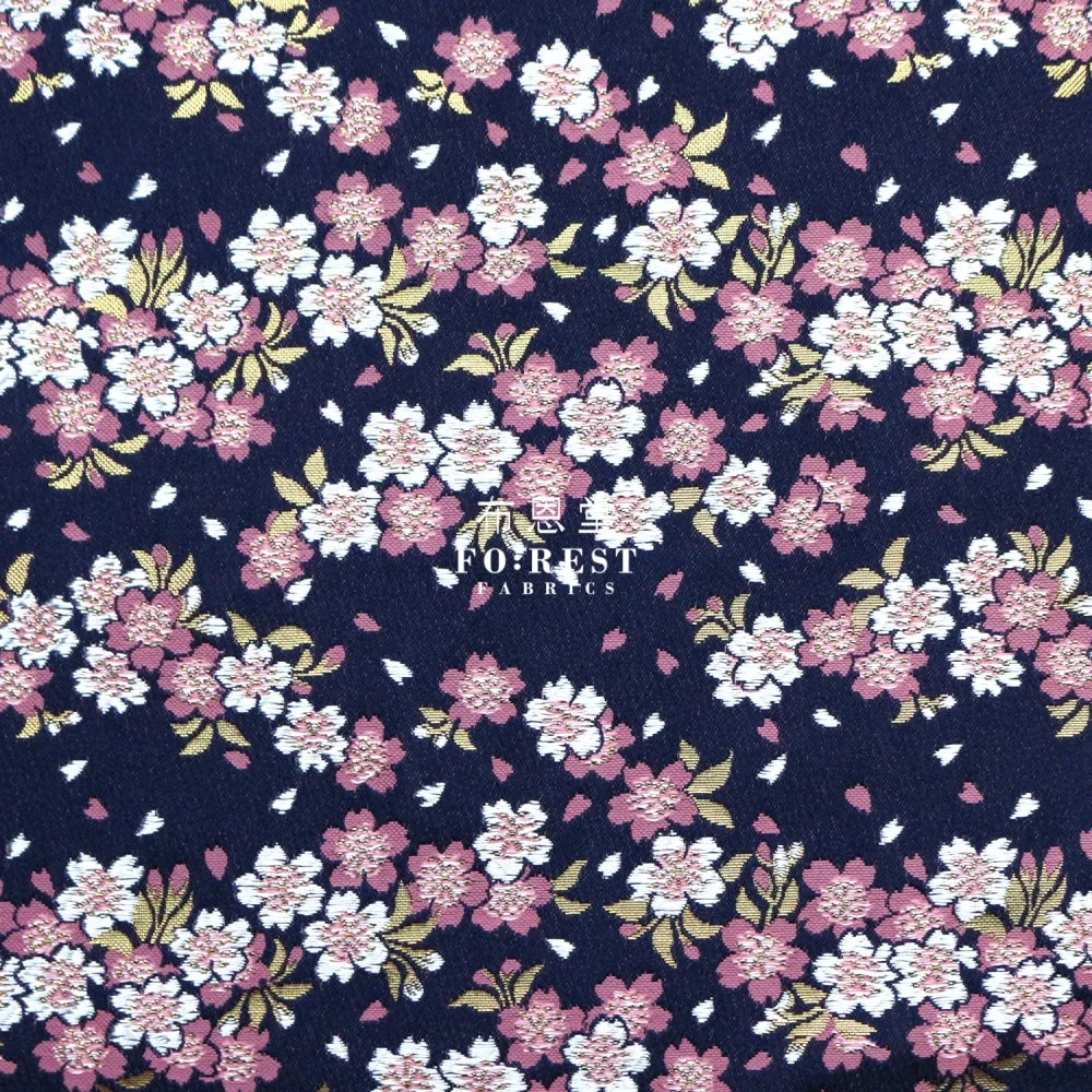 Gold Brocade - Flowing Sakura fabric Navy