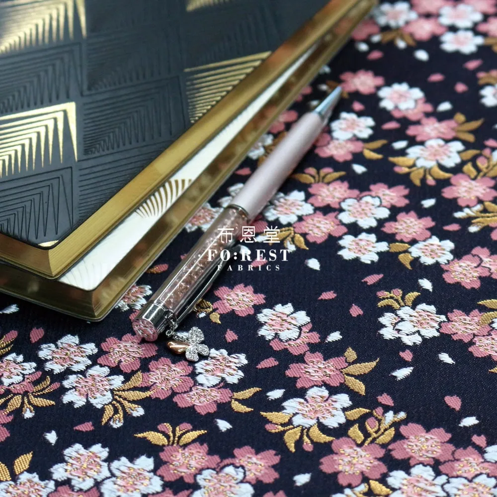 Gold Brocade - Flowing Sakura fabric Navy