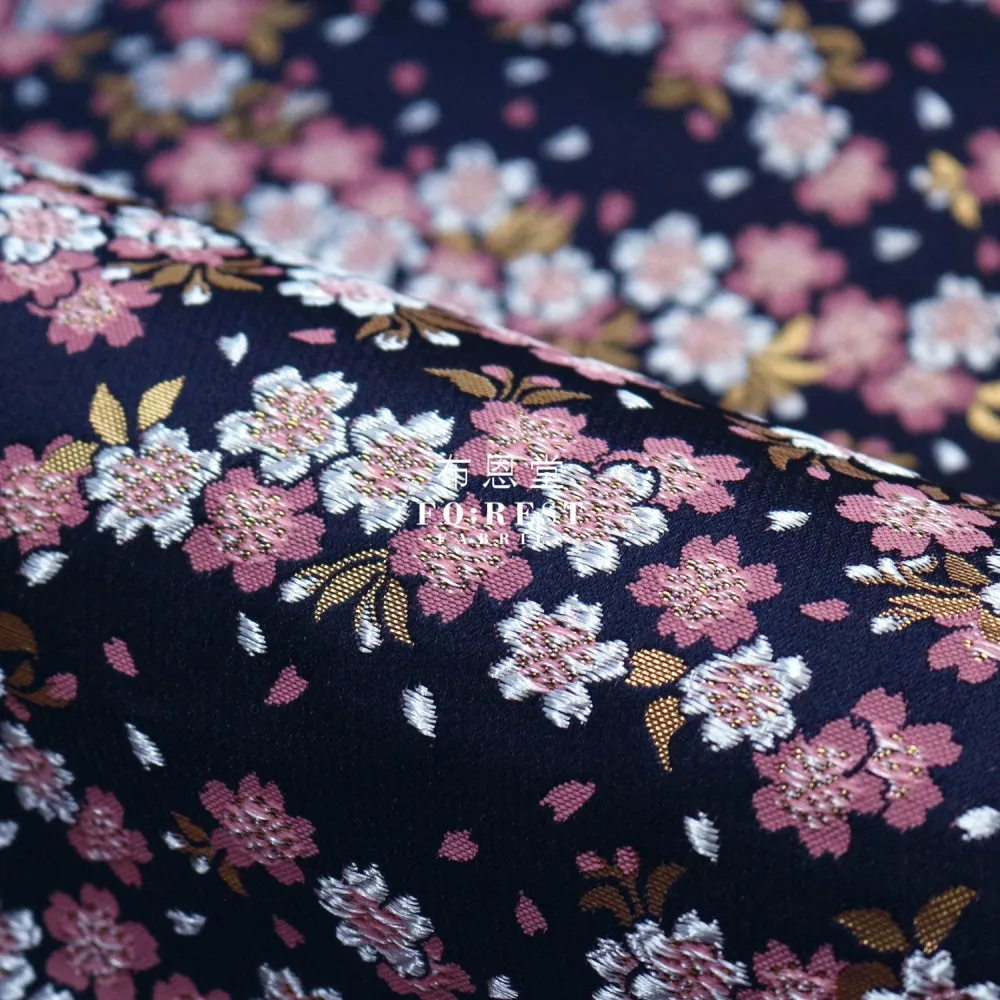 Gold Brocade - Flowing Sakura fabric Navy