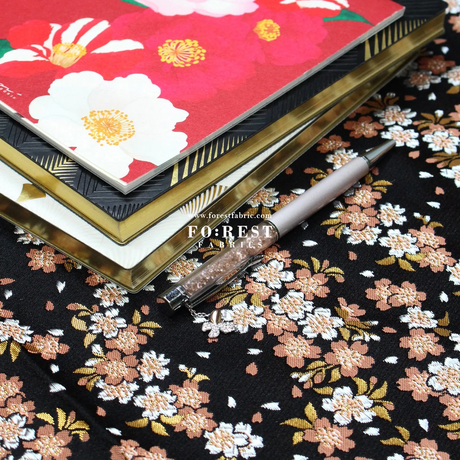Gold Brocade - Flowing Sakura fabric Orange