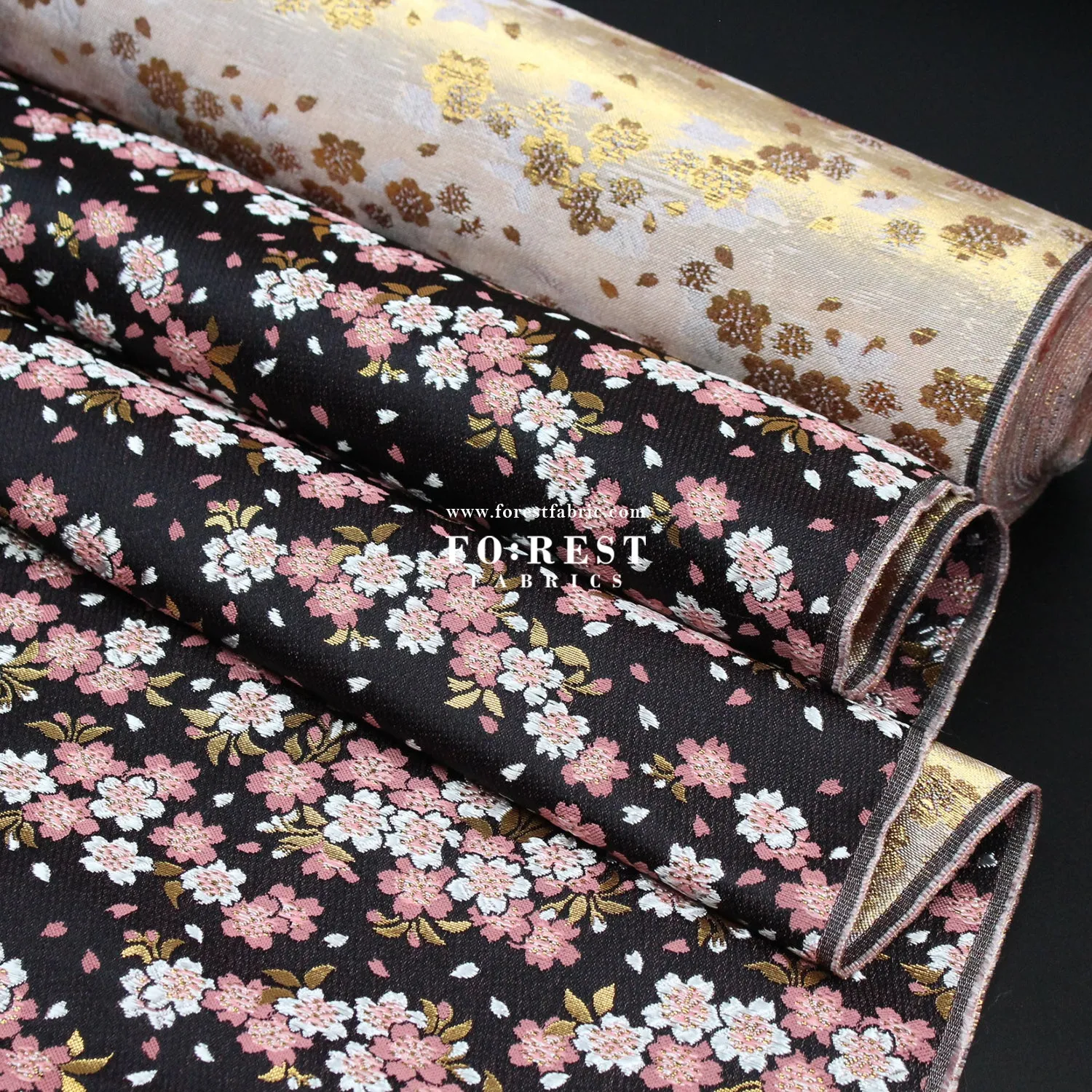 Gold Brocade - Flowing Sakura fabric Pink