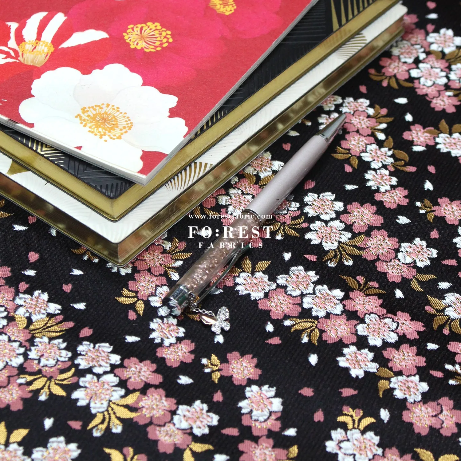 Gold Brocade - Flowing Sakura fabric Pink