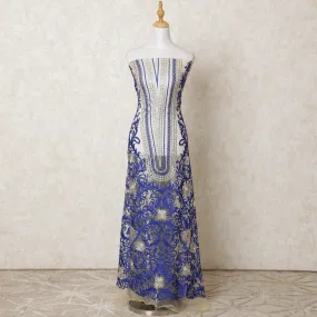 Gold nylon tulle fabric with same tone, royal blue embroidery having stone work in fancy design-D12216