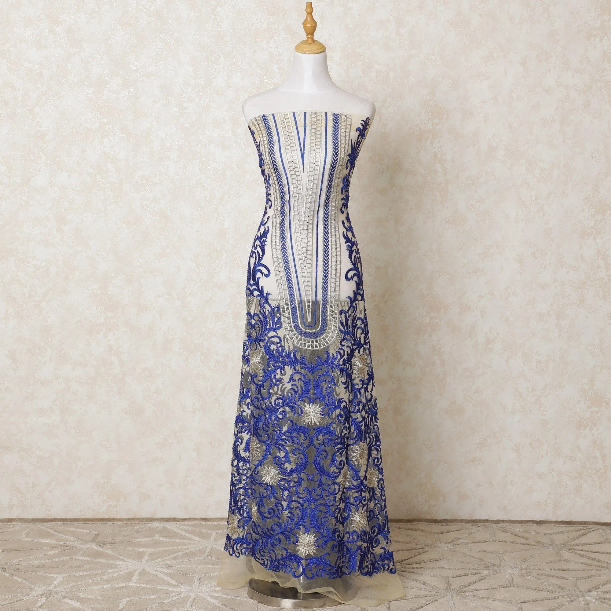Gold nylon tulle fabric with same tone, royal blue embroidery having stone work in fancy design-D12216