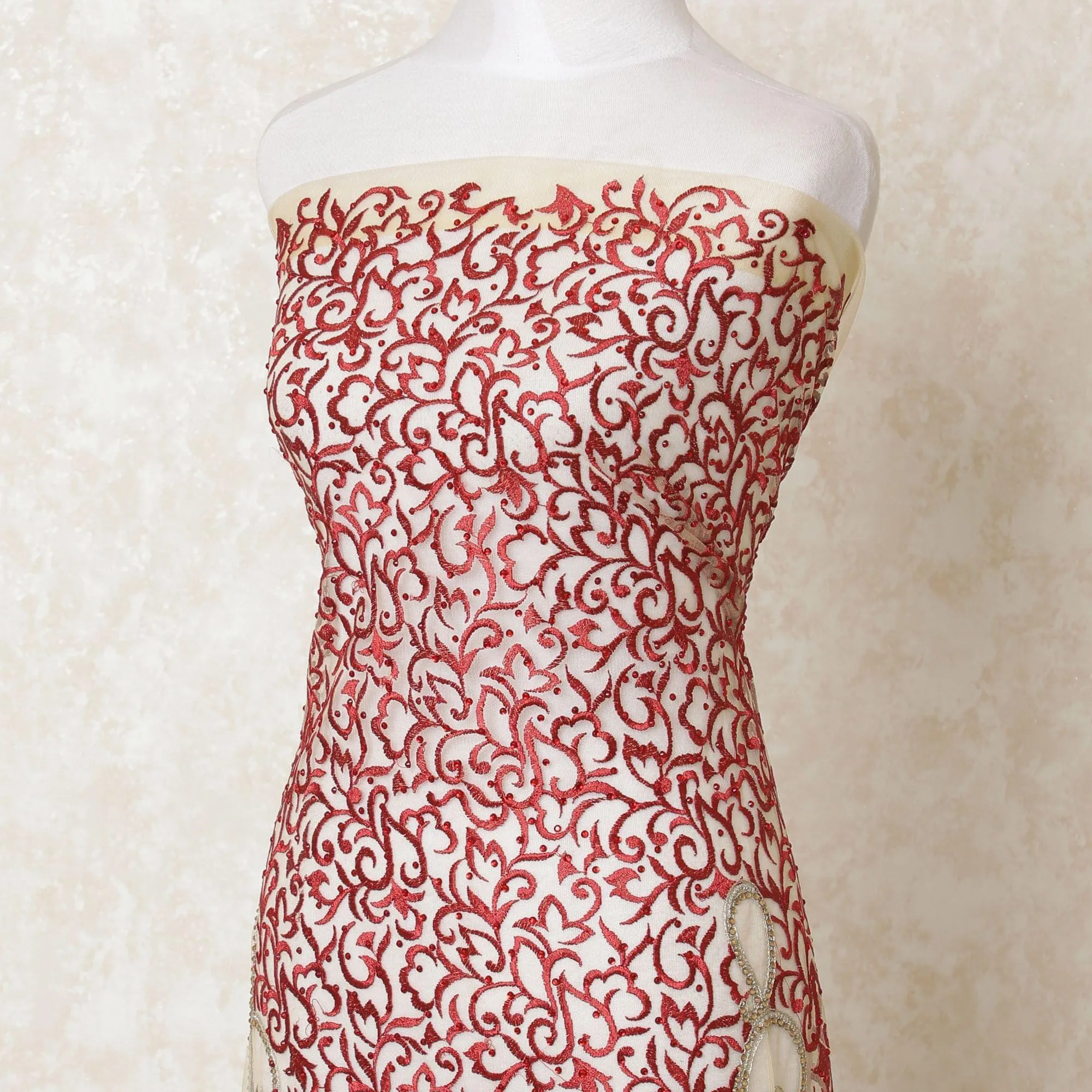 Gold nylon tulle fabric with same tone, scarlet red embroidery having stone work in fancy design-D12222