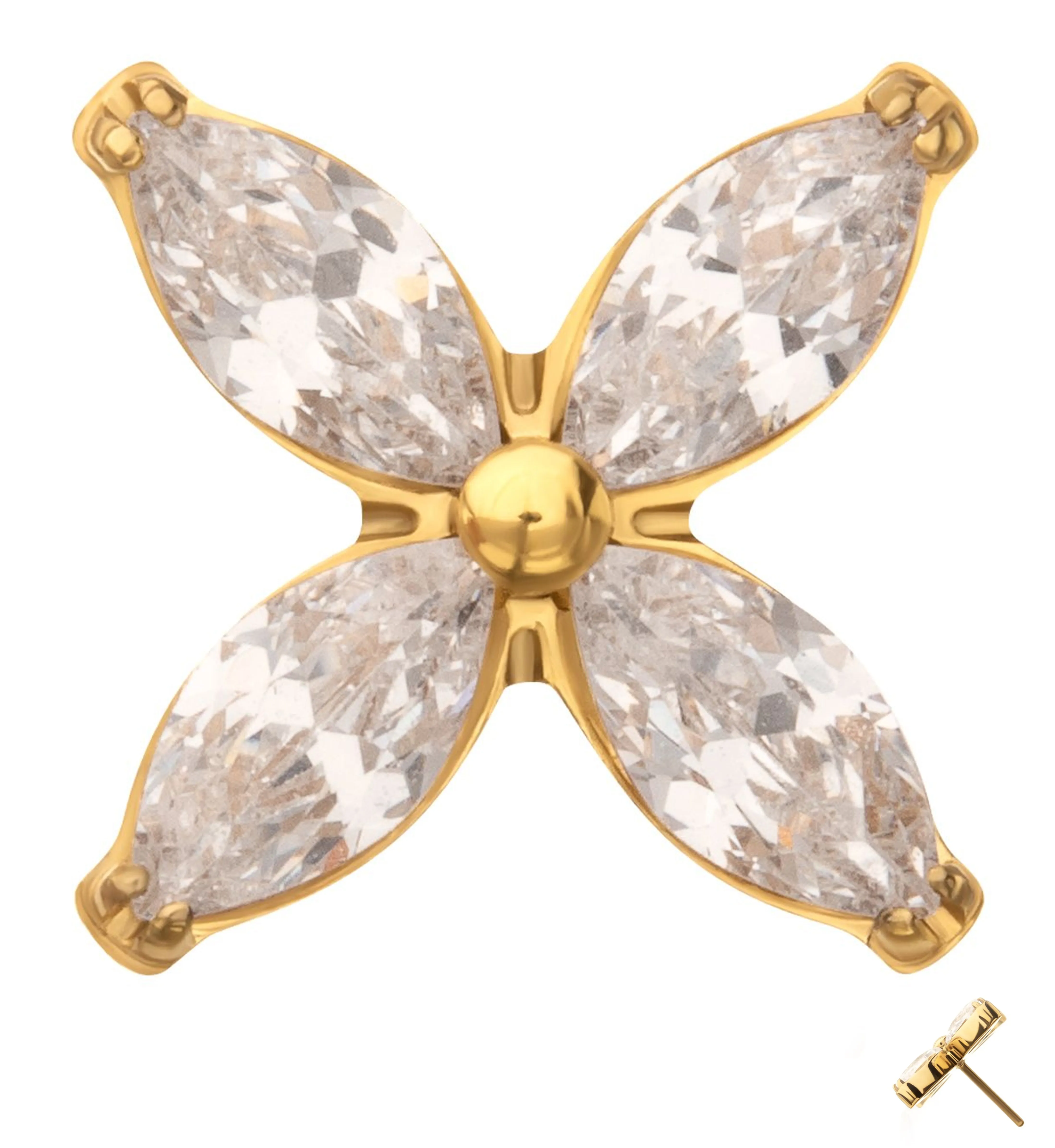 Gold PVD Tetrad Marquise Clear CZ Threadless Titanium Top