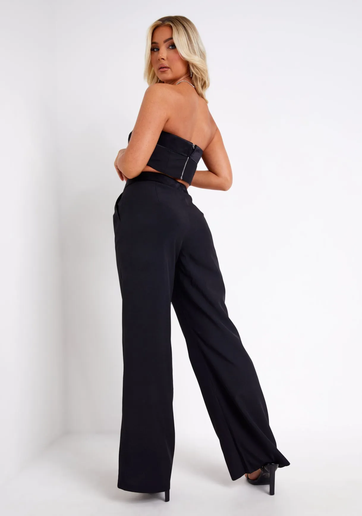 Gracie Black Satin Fold Over Waist Wide Leg Trousers