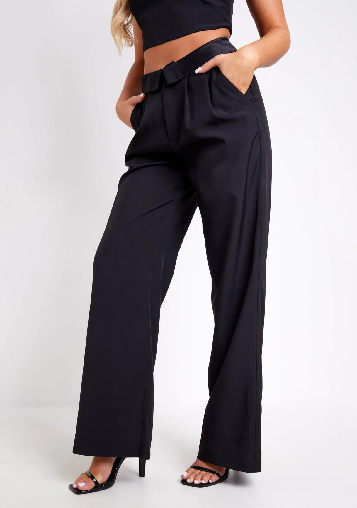 Gracie Black Satin Fold Over Waist Wide Leg Trousers