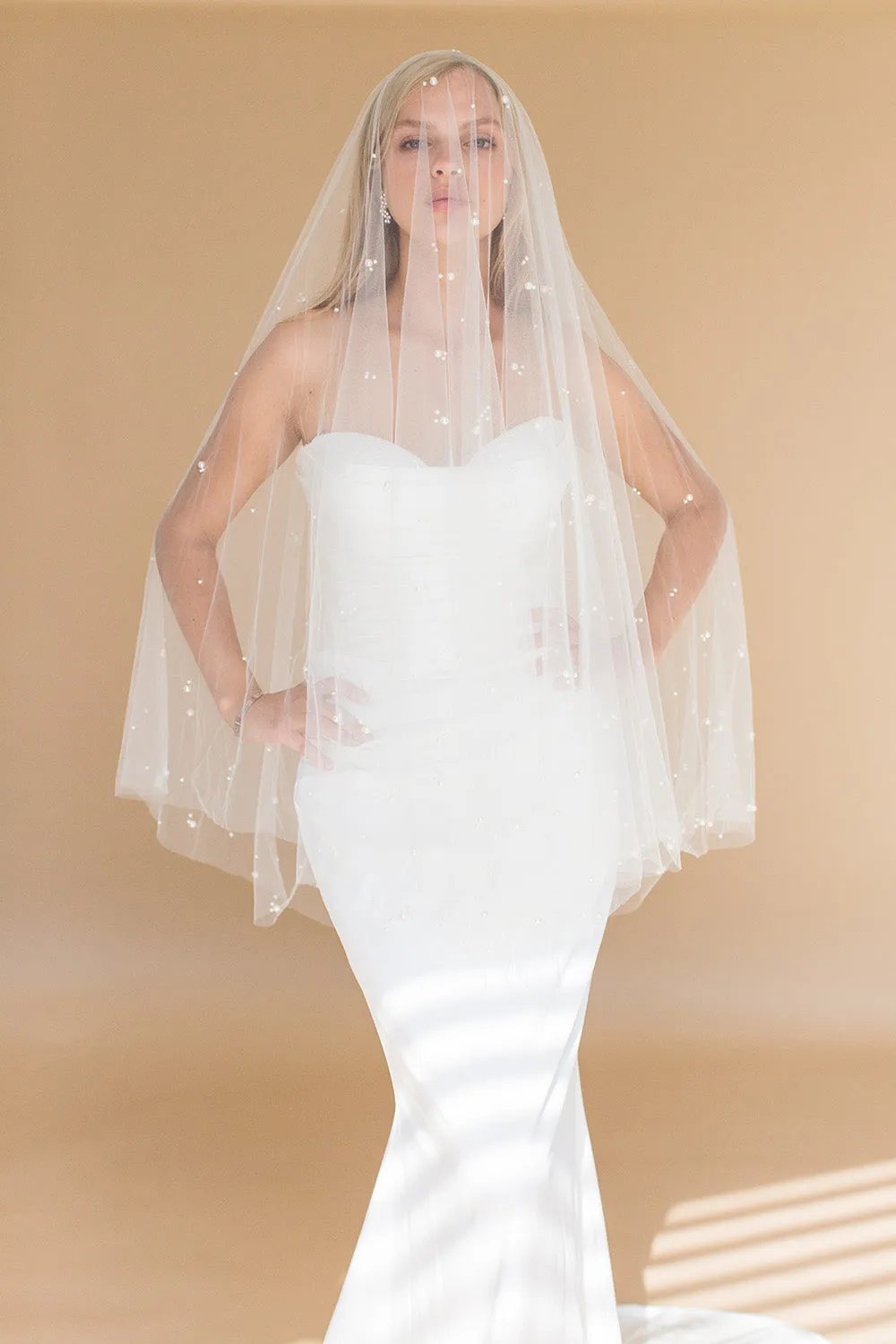 ILARIA FINGERTIP VEIL WITH LONG BLUSHER & SCATTERED PEARL CLUSTERS