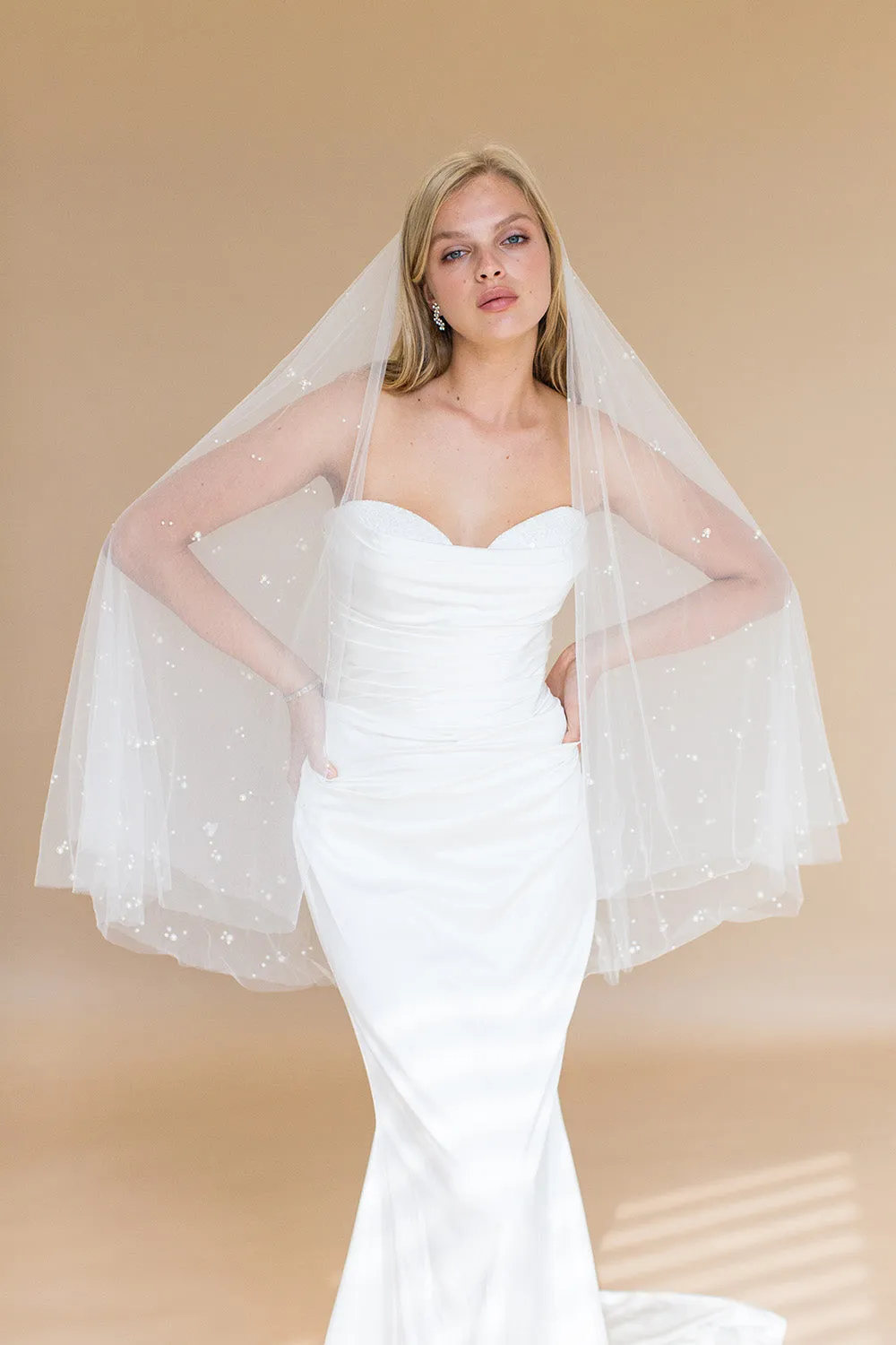 ILARIA FINGERTIP VEIL WITH LONG BLUSHER & SCATTERED PEARL CLUSTERS