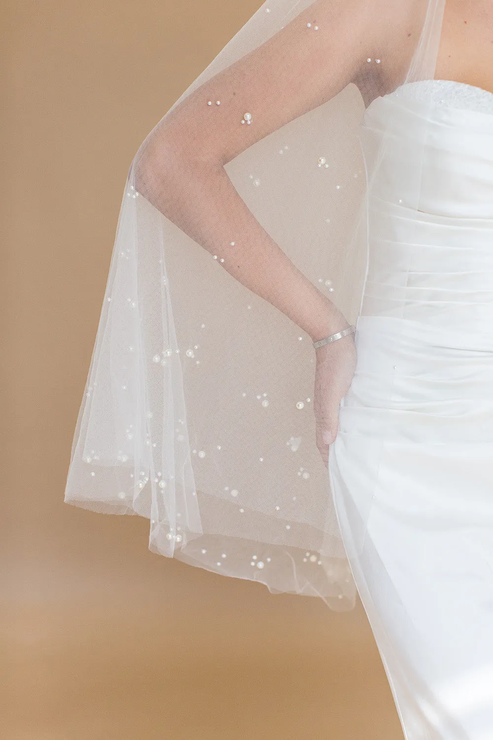 ILARIA FINGERTIP VEIL WITH LONG BLUSHER & SCATTERED PEARL CLUSTERS