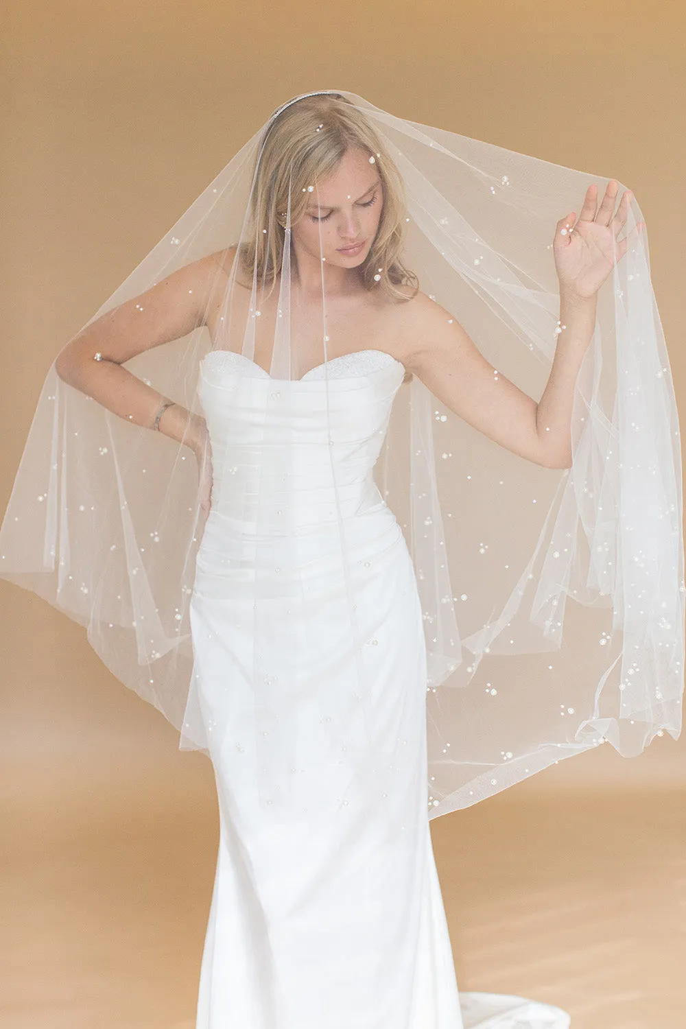 ILARIA FINGERTIP VEIL WITH LONG BLUSHER & SCATTERED PEARL CLUSTERS