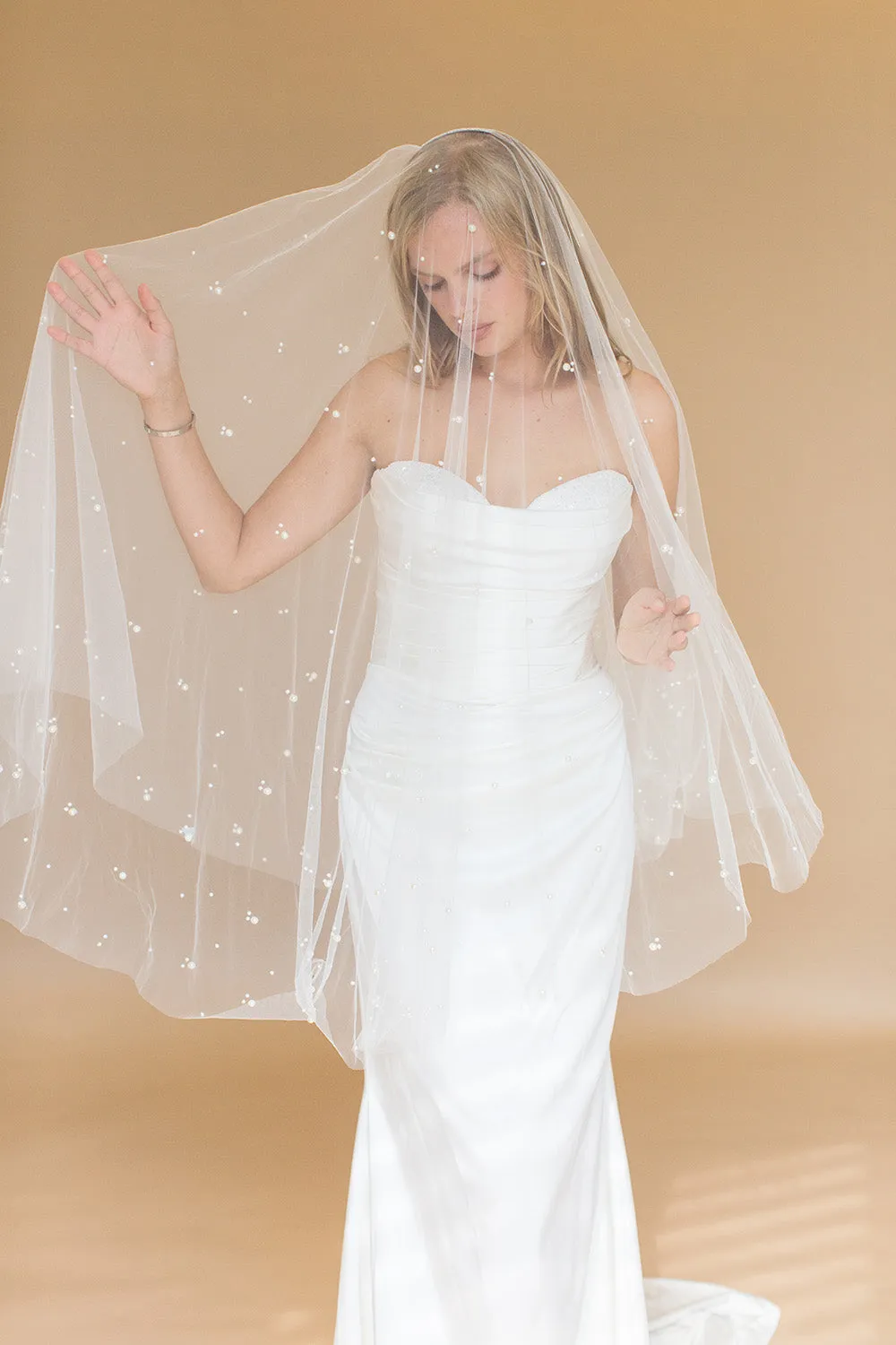 ILARIA FINGERTIP VEIL WITH LONG BLUSHER & SCATTERED PEARL CLUSTERS